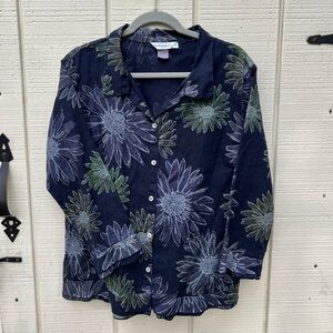 FRESH PRODUCE Shirt‎ Size XL Linen Blouse Floral Button Up Beachy Gauzy Blue